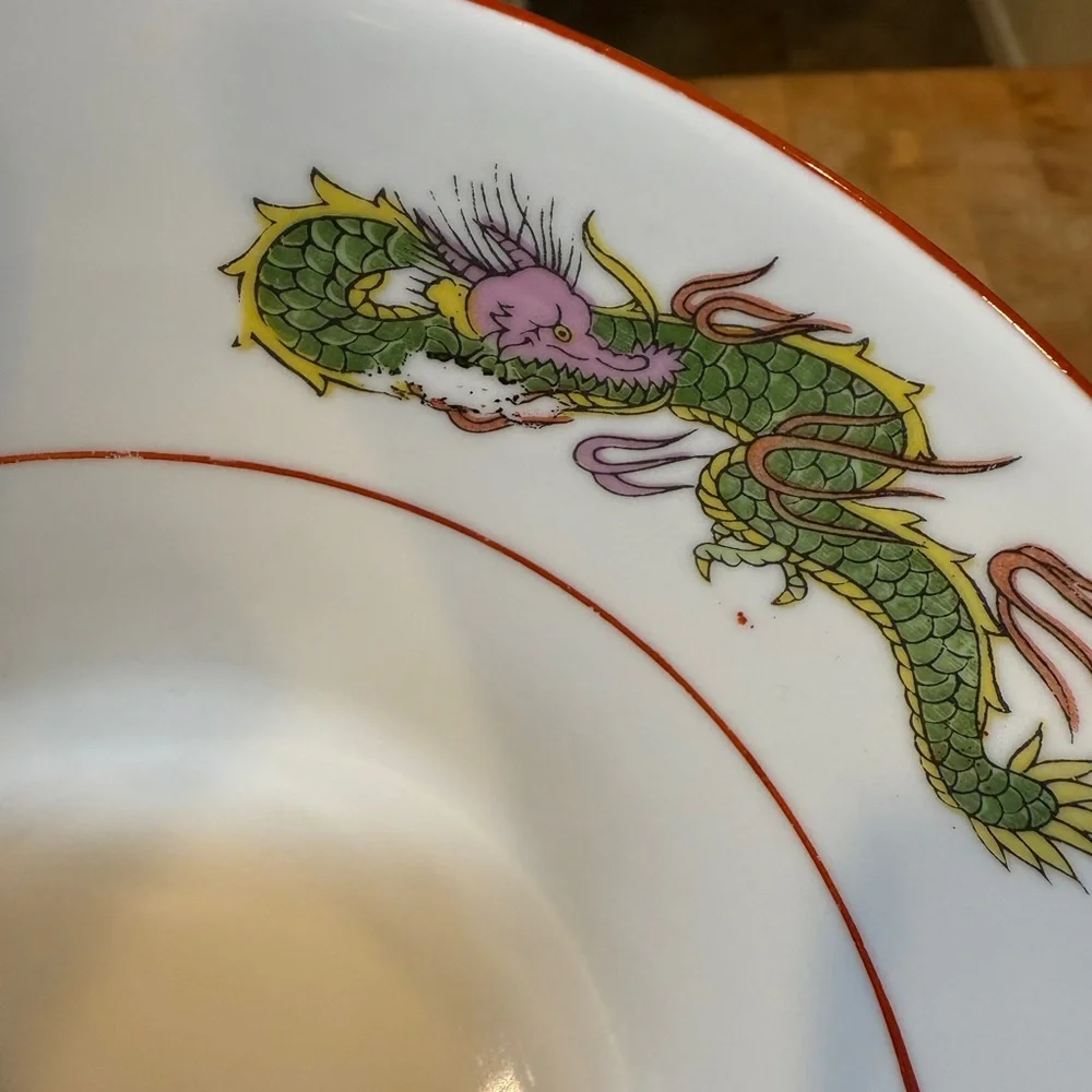 Vintage Chinese Ceramic Ramen Soup Bowls Hand Painted Dragon Dishes Japan